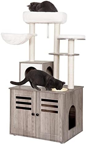 Heybly Cat Tree, gabinete de areia de madeira com estação de alimentação, móveis de gatos internos all-in-one com grande plataforma