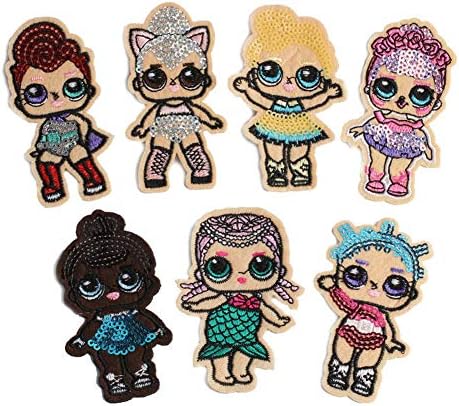 7 PCS Cartoon Surpresa Doll Boned Girl Girl Applique Applique Patches bordados para roupas Ferro Diy em Patch de lantejoulas