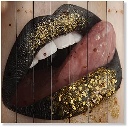 Designq Lips femininos Batom preto e lantejoulas douradas Decoração de parede de madeira moderna e contemporânea, arte da parede