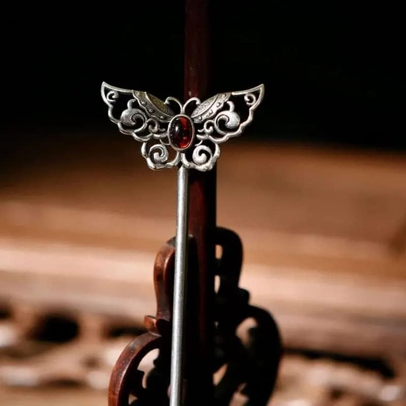 TJLSS Silver Inclaid Ruby Hollow Butterfly Hairpin Requintado Jóias Ladies Acessórios Hanfu