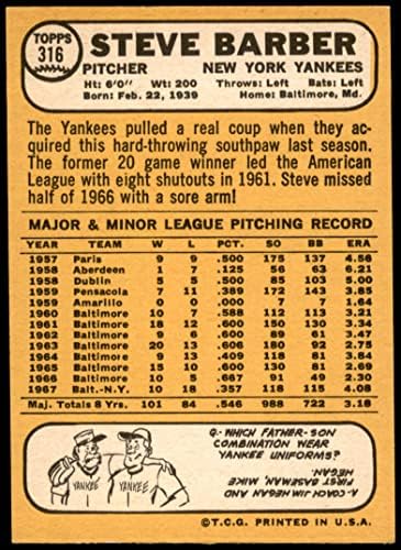 1968 Topps 316 Steve Barber New York Yankees NM/MT Yankees