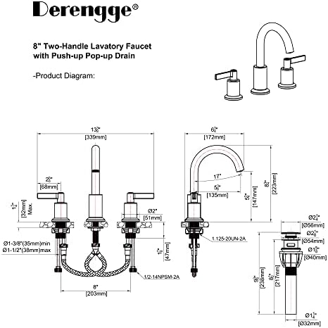 Derengge F-2085-BG Torneira de banheiro generalizada de 3 orifícios, torneira da pia do banheiro com dreno pop-up de plástico,