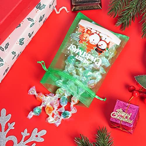 Choyaxo 100pcs Bolsas de organza de natal Papai Noel Impressão da árvore da árvore de cetim Sacos de jóias de Candy Candy para sacos de presente de cordão 4 x 6 polegadas/10 * 15 cm, 10 estilos