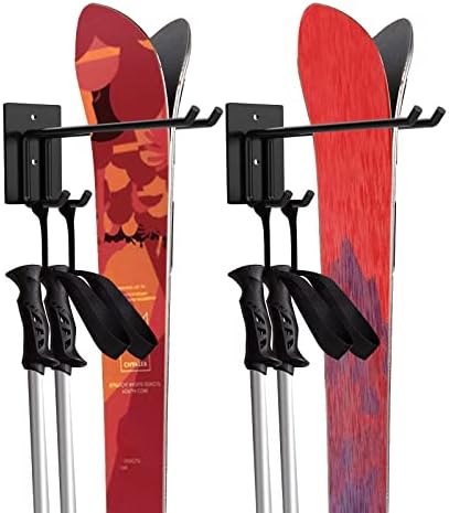 Rack de armazenamento de esqui de glensam com postes de esqui para montagem de parede de parede de parede de metal pesado, contém 2 pares pares de pares de skis e bastões de esqui ou snowboard, para armazenamento de garagem, casa interior segura até 100 libras