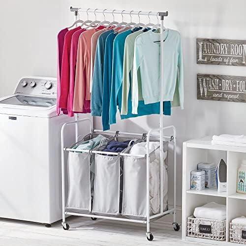 Mdesign Portable Laundry Corrente com rodas e barra de penduramento de roupas - sistema de carrinho de metal pesado com 3 cestas de lavanderia organizadores de cesta e rack de secagem - branco/cinza
