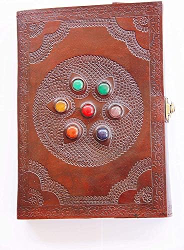 Arte de couro grande 7 Chakra Stone Chakra com fechadura, livro de feitiços de couro personalizado de couro, diário pessoal de notebook