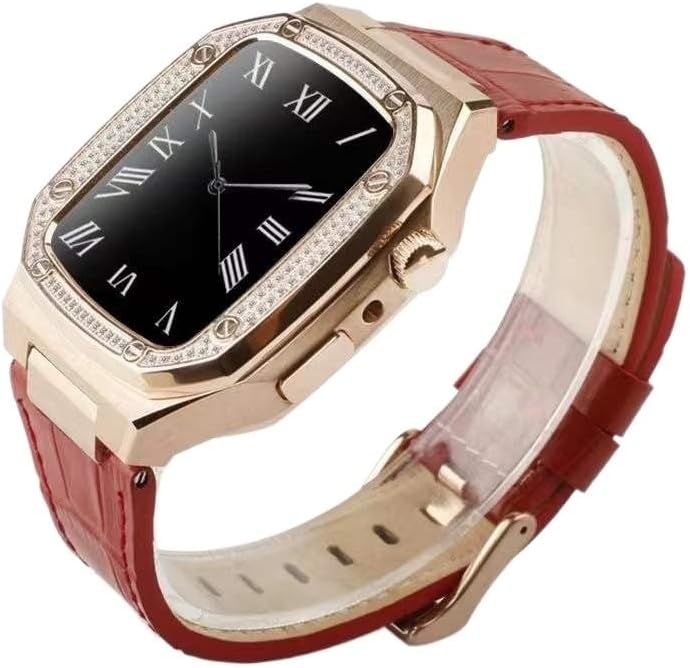 Treia de relógio de couro Trdybsk+tampa para Apple Watch 44mm 45mm Caixa de diamante de metal aço inoxidável para iwatch 7 6 5 4 Se banda de kit de modificação