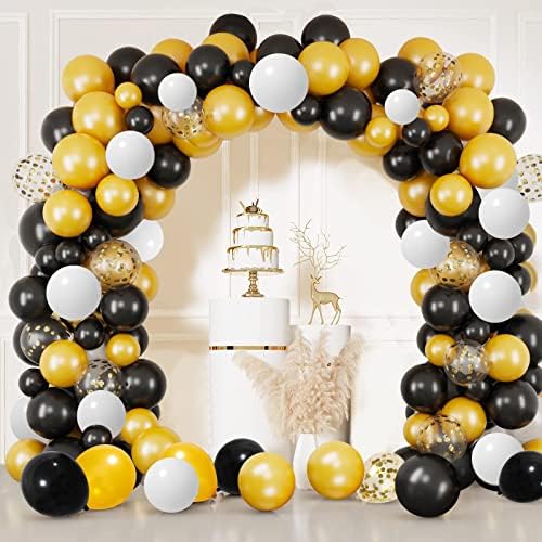 Rubfac 192pcs Kit de arco de guirlanda de balão preto e dourado, balões brancos pretos e dourados para decorações de festa