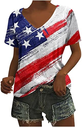 2023 Tops do Dia da Independência para Women American Flag Impresso Manga curta V pescoço 4 de julho Patriótico camisa Pullover de camisa