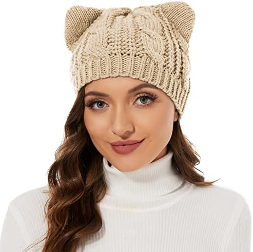 Girada de ouvido de gato de gato chapéus para mulheres adolescentes gorros fofos para mulheres gorro de gato de crochê com ouvidos femininos acolhedores de inverno chapéu