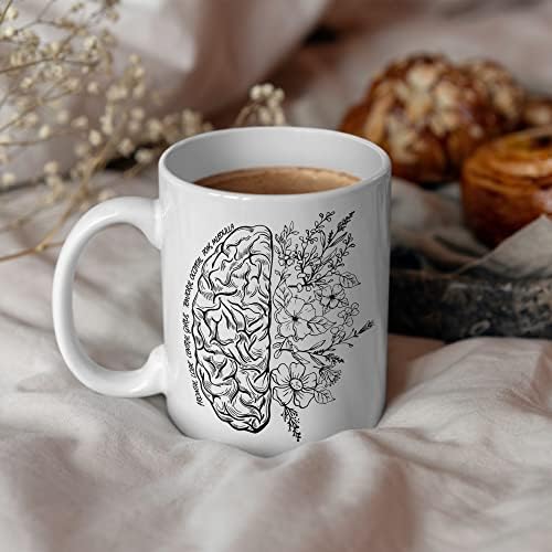 HOITT Saúde Mental Brain Floral Caneca de café 11oz, copo de caneca de chá de café da saúde mental, presentes de conscientização sobre