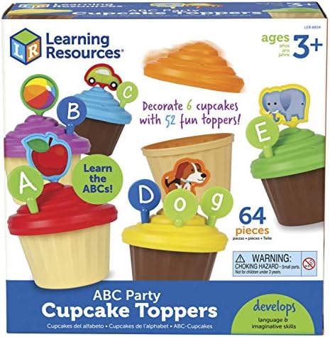 Aprendendo recursos ABC Cupcake Party Toppers, desenvolve habilidades de linguagem, aprendizado de alfabetismo precoce, finge