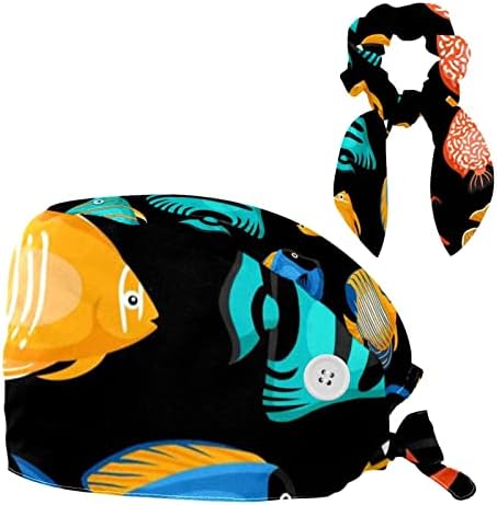 Bapa de trabalho do padrão de peixe tropical com botões de chapéu de bouffante ajustável tampa unissex com cabelo de arco
