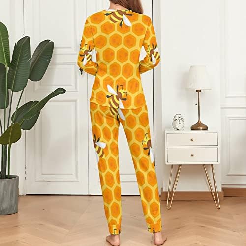 Pijama feminina de abelhas amarelas Conjunto de 2 peças de roupas de dormir macias de manga comprida