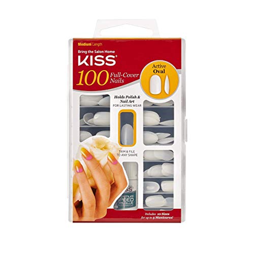 Kiss 100 Kit de manicure de unhas falsas de capa 100, 10 tamanhos, 5 manicures, comprimento médio, oval ativo, 100 unhas