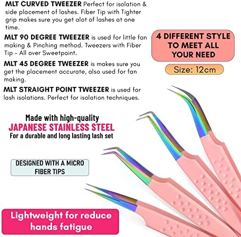 Minhas ferramentas de cílios - Tweezers de ponta de fibra para extensões de cílios Conjunto profissional de 4 isolamento, pinça de