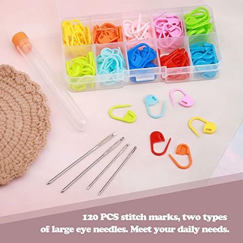 Lunarm 124 PCs Marcadores para crochê, marcadores de tricô coloridos clipes de crochê com 4 PCs Big Eyes Sewing Afelas, 10 cores CLIP