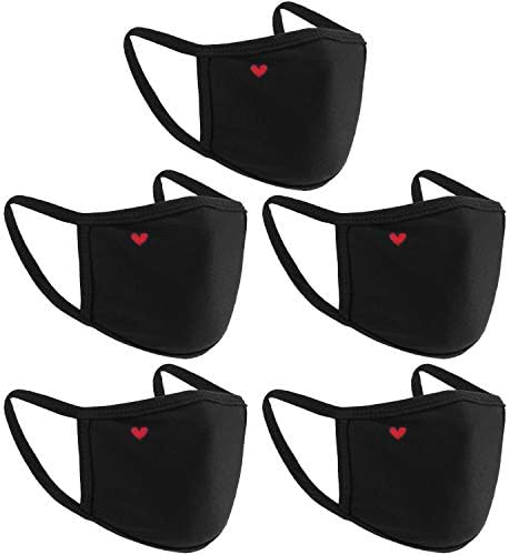 5 peças Máscara de rosto de coração fofa unissex Black Heart Face Protection Reutiliza Dia dos Namorados, cobrindo