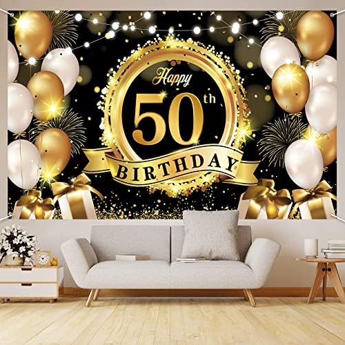 Feliz 50º aniversário decoração Banner Black Gold Gold Extra GRANDE POSTER DE POSTER DE POSTER DE POSTER DE POMPRIMENTO