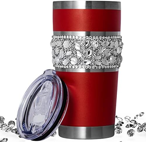 Luxlbllblz Diamond Rhinestone Bling Tumbler de 20 oz de aço inoxidável Copo isolado de aço com tampa Bling Bottle Bottle Red