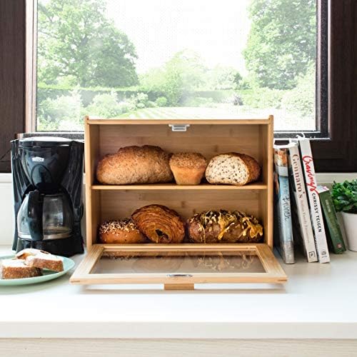 Cozinha verde da Laura Caixa de pão grande - caixa de pão de madeira de bambu com janela frontal transparente - lixeira de pão