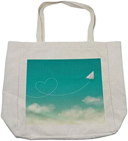 Bolsa de compras em nuvem de Ambesonne, avião de papel com um caminho de vôo de coração flutuando sobre as nuvens Românticas e ecologicamente