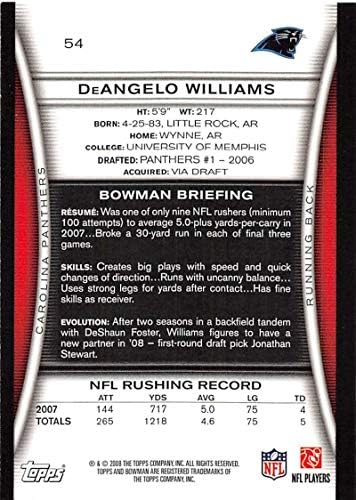 2008 Bowman Football #54 DeAngelo Williams Carolina Panteras NFL Cartão NFL Official da Topps