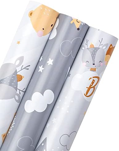 Rolo de papel de embrulho de chá de bebê reversível da WrapAholic - mini rolos - 3 rolos - 17 polegadas x 120 polegadas por rolo - ouriço fofo, animais e letras para bebês