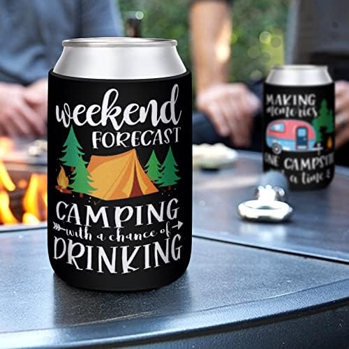 Happy Camper Party lata mangas neoprene refrigerante pode bebida para acampar suprimentos de atividades ao ar livre de piquenique conjunto de 6 para acampamento de festas de aniversário temático suprimentos de decoração