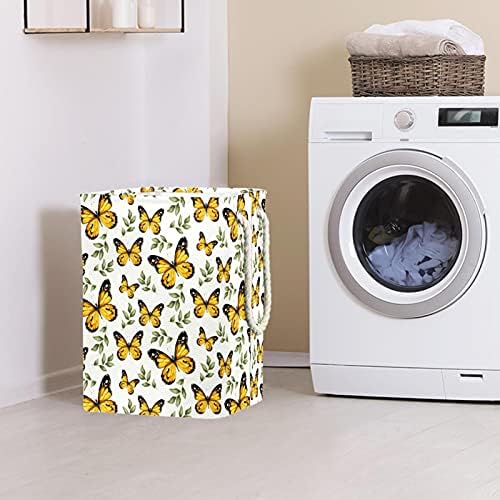 Grande cesta de lavanderia com alças, oxford lavanderia impermeável cesto de lavanderia lavanderia de brinquedos de roupas de armazenamento para crianças cozinha de berçário de quarto, borboletas amarelas