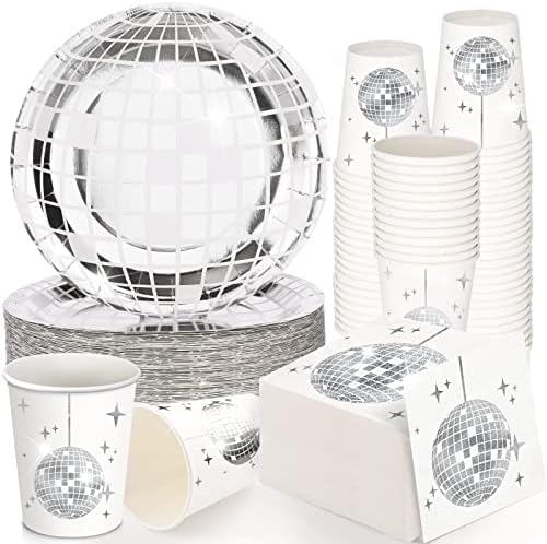 Os suprimentos de festas de discoteca dos anos 70 incluem 50 PCs Silver Disco Ball Paper Placas de jantar 50 PCs Disco