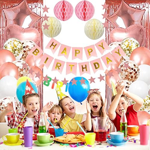 Win Change Rose Gold Birthday Party Decorações, Feliz Aniversário Banner Rose Gold Fringe Curtain Pack de 2, Balões de Confetos de Folha