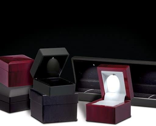 Allure - Caixa de anel fino com luz LED, gabinete de anel de diamante elegante e elegante, pequeno anel de diamante, caixa de presente de jóias interiores de veludo preto para proposta exclusiva, engajamento ou casamento.
