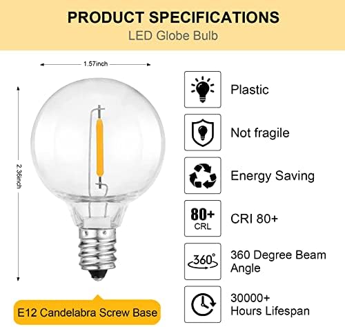 Lâmpadas de reposição de LED G40, lâmpadas de lâmpadas de lâmpada de candelabra e12 lâmpadas de lâmpadas de quebra para luzes para
