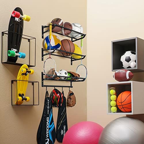 Sunix Garage Sports Sports Sport Storage, Basketball Rack com 3 prateleiras de montagem de parede organizador de equipamentos esportivos