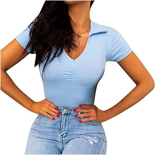 Wenini Slim Fit Tops para mulheres - Camisa de manga curta feminina Sexy V pescoço de verão Bloups casual Tops