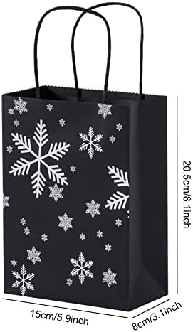 Katfort Snowflakes Sacos de presente a granel 20pcs, 6 '' × 3 '' × 8 '' sacos de presente pretos com alça, sacos de papel pretos kraft reutilizáveis ​​para compras, casamentos, festas, presentes, varejo