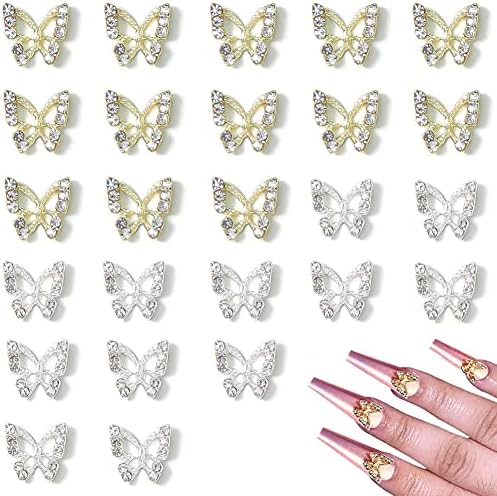 Kuuguu 26 PCs 3d liga de borboleta unhas Borboleta, encantos de borboleta metálica Crystal Diamonds Butterfly Nail Art Rhinestones, encantos de pregos acrílico acessórios de unhas de borboleta