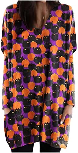 Narhbrg Women Sweatshirt Dress Halloween fofo impresso de manga longa Camisetas de túnica bolsos V Pallover de pescoço
