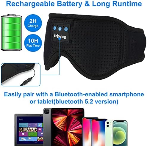 Fones de ouvido do sono, BestMal Bluetooth 5.2 Máscara do sono e tampões para os ouvidos 3D fones de ouvido com músicas sem fio Sleep máscara com alto -falantes, microfone e alça ajustável para viagens, escritório, ioga, presente