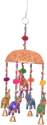 Porta de artesanato tradicional indiano pendurado decorativo cinco elefantes unidos com miçangas e ornamentos de sino de