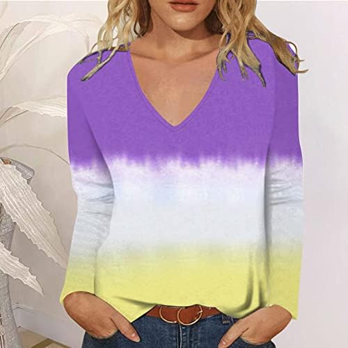 TIY Dye de manga comprida V Camisa de pescoço Mulheres, feminino Casual de decote em Vos de impressão de tie-dye de decote