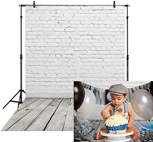 Tecido Allenjoy Fabric 5x7ft Parede de tijolos brancos com pano de fotografia de piso de madeira Fundo fotográfico para recém -nascidos