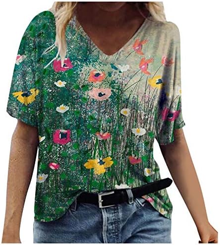 Mulheres Tops de verão Casual Casual Casual 2023 V Camiseta curta de manga curta Floral Fit