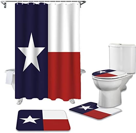 Babe mapeia 4 PCs Cortina de chuveiro de decoração ocidental Conjunto com tapete não deslizante, tampa da tampa do vaso sanitário, tapete de banho e 12 ganchos, cortina de chuveiro impermeável para o banheiro - Texas State Star Star State Flag