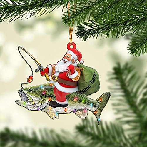 Nome personalizado Papai Noel Ride Bass Fish Fishing Amante Pescador Presente Árvore de Natal Decoração de Ornamento de Plástico Claro Casa de decoração de suspensão Presente de Natal Véspera de lembrança decorativa Decorativa