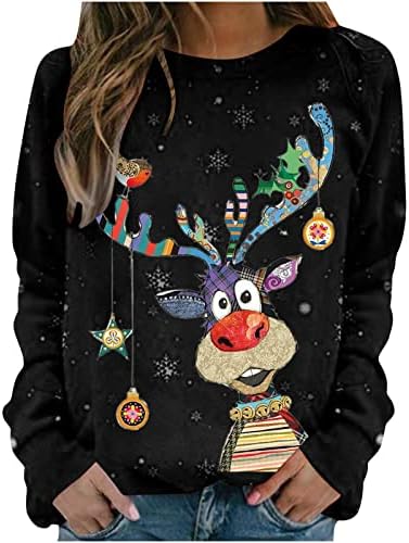 Camiseta de Natal para mulheres fofas renas túnicas túnicas casuais suéter de suéter de pulôver colorido de manga longa moletons moletons