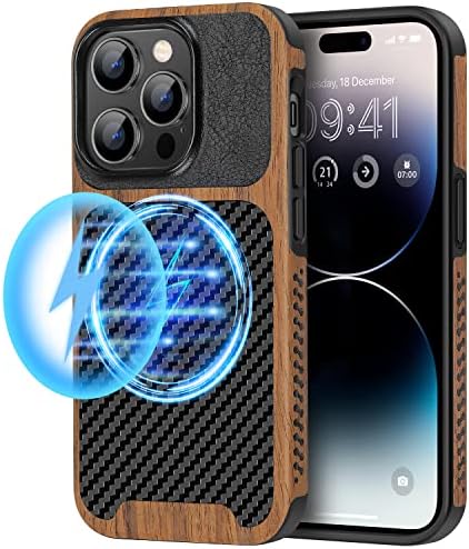 Capa magnética tendlina compatível com iPhone 14 Pro Max Case Wood Grain com fibra de carbono Design de textura de couro Hybrid