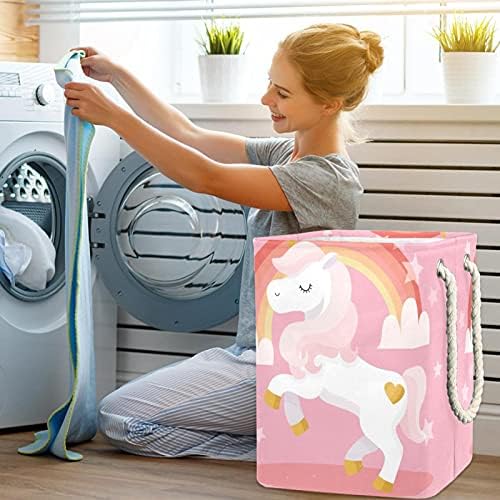 Indicultor de desenho animado fofo unicorn estrela arco -íris rosa rosa grande cesto de roupa prejudicável a água cesto de roupas para roupas para roupas de brinquedos, decoração de casa para banheiro do quarto
