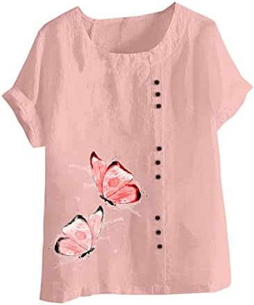 Mulheres plus size linho de linho de algodão moda moda floral impressão de botão de manga curta Tshirts